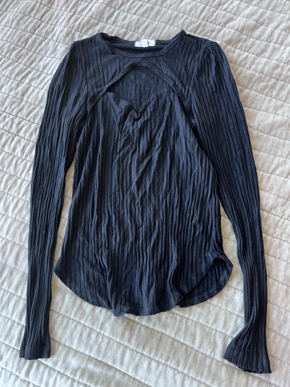 LNA Black Ribbed Long Sleeve Top with Front Cutout